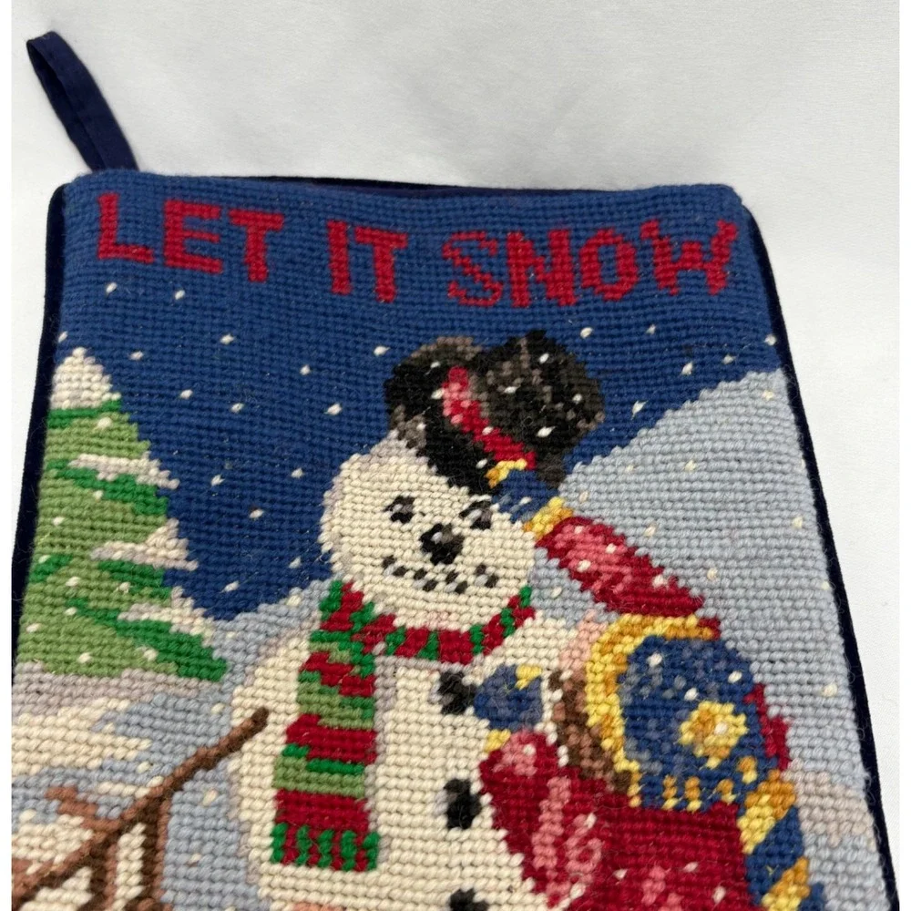 Vintage Needlepoint Tapestry Christmas Stocking Holiday Snowman Let It‎ Snow
